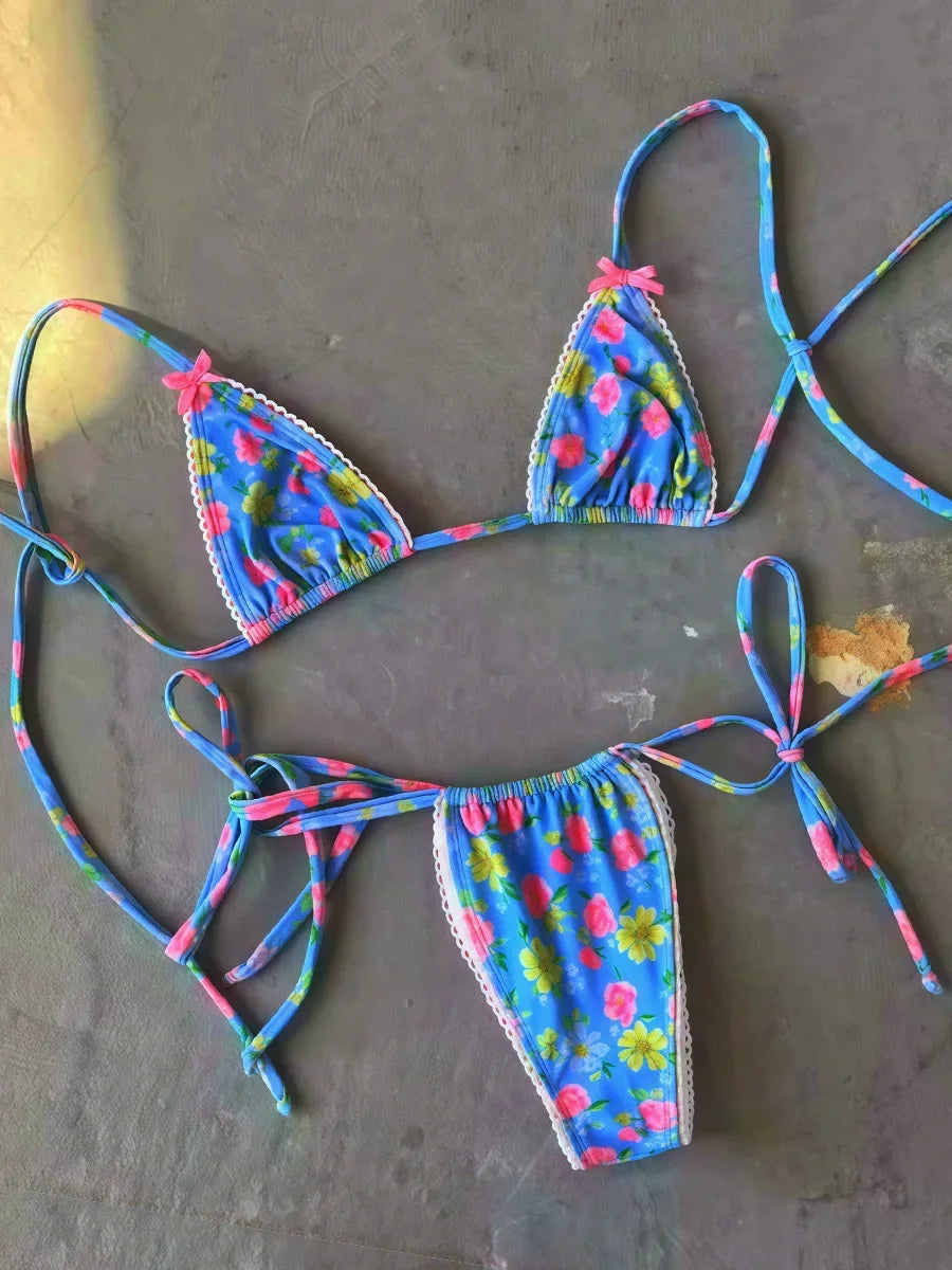 2026 Floral Print Halter Strappy Bikini Female Swimsuit Women Swimwear Two-pieces Bikini Set Bow Knotted Bathing Suit Swim Lady