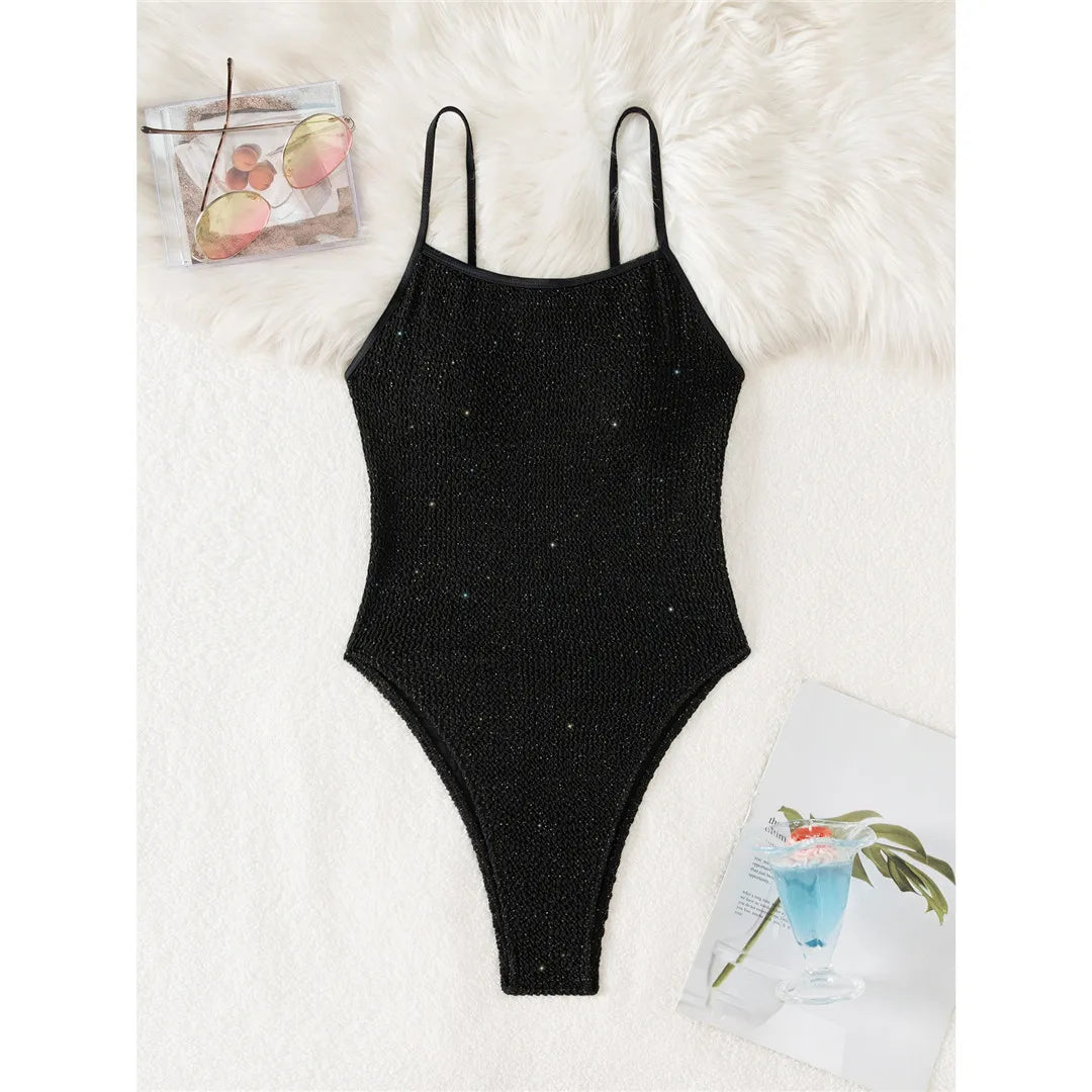 New Wrinkled Crinkled Glitter Sparkling One Piece Swimsuit Women Swimwear Female High Cut Padded Bather Bathing Suit Swim V6407