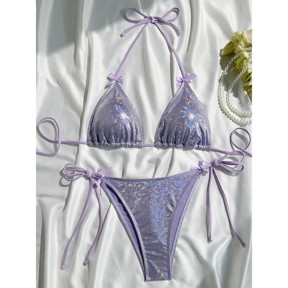 Sparkling Glitter Halter Bow Bikini Female Swimsuit Women Swimwear Two-pieces Bikini Set High Cut Bather Bathing Suit Swim Lady