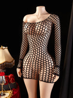 Women Fishnet Mini Sexy Dress Mesh Hollow Out Perspective Bodycon Underwear Dress Erotic Costume Crotchless Lingerie Sex Clothes