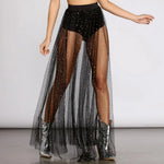 High Waist Pleated Lace Mesh Yarn Skirt Sexy Perspective Skirt Elastic Shiny Rhinestones Decor Maxi Skirt Nightclub Daily Wear