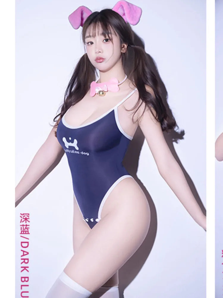 Navy Bone Print Puppy Cosplay Bodysuit With Plush Ears & Bell Collar High Cut Design Kawaii Role Play Sexy Bedroom Lingerie EZ63