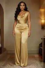 Sexy Swing Collar Waisted Solid Satin Jumpsuit Fashion Commute Wide Leg Pants Romper Women Casual Sleeveless Pleat Long Playsuit