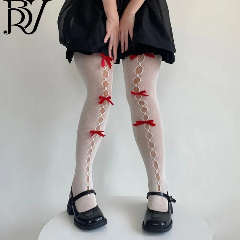 Lolita Bowknot Fishnet Stockings For Women Charming JK Fishnet Stockings White Pantyhose Sexy Hollow Out Pantyhose Elegant SC2U