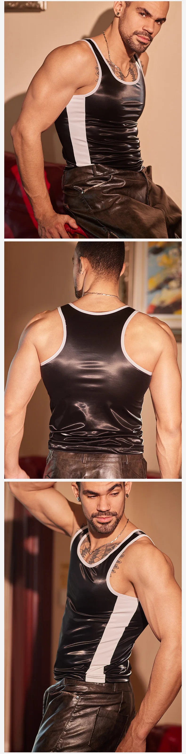 Sports Vest Men's Tight-Fitting Shirt Fitness Sexy Muscle Men's Leather Top Erotic Underwear Casaul Elegant Fashion Vest XOG8