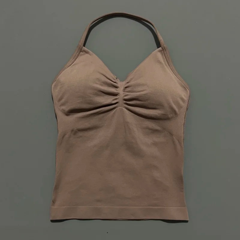 HISTELLO GYM Longline Strappy Top Women Seamless Yoga Clothing With Removable Pads V Neck Open Back Bra Workout Sports Halter