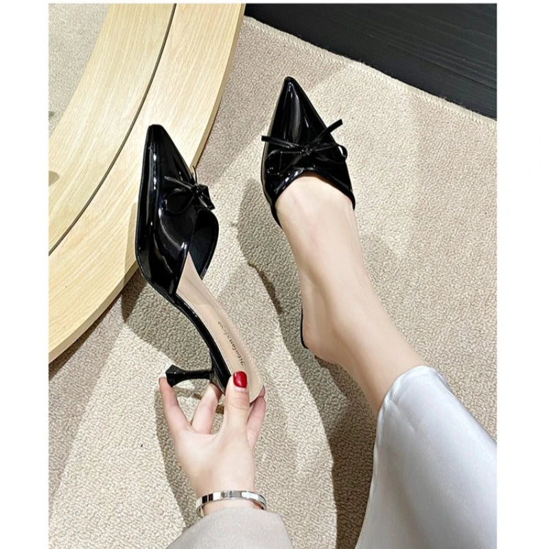 Patent Leather Bowknot Mule Slides Woman Pointed Toe Kitten Heel Pump Sandals LadiesBright Color Evening Party Dress Shoes