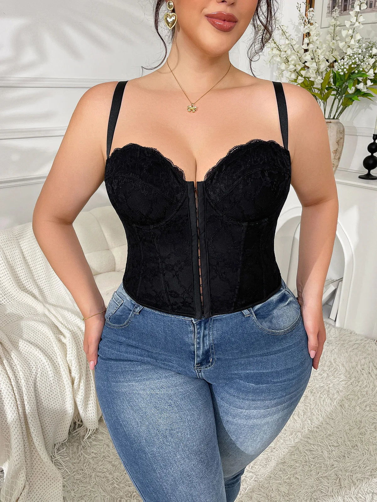 New Plus Size Sexy Push-Up Versatile Bra Lace Fishbone Bralette Camisole Backless Deep V Suspenders Sleeveless Elegant Vest FGDY