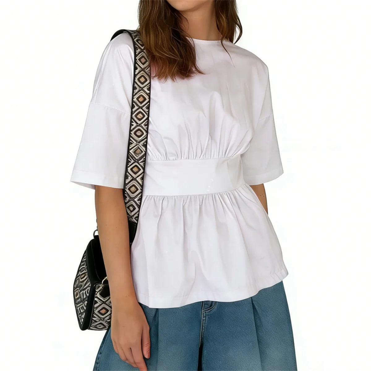 2026 Summer Women's Peplum Tops Casual Elegant Stylish Bow Backless Loose Shirts Crew Neck Elbow Sleeve Blouse