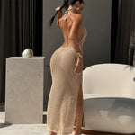 Halter Hollow Out Backless Crochet Knitted Tunic Beachwear Beach Dress Beach Wear Female Beach Cover Up Cover-ups Women V7504
