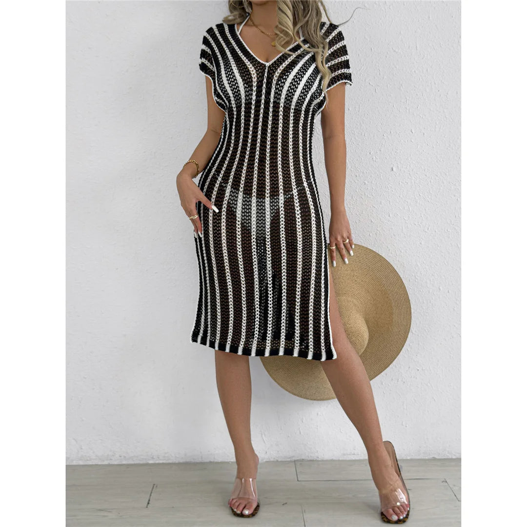 S - XL Striped Short Sleeve Crochet Knitted Tunic Beach Cover Up Cover-ups Beach Dress Beach Wear Beachwear Female Women V8349