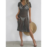 S - XL Striped Short Sleeve Crochet Knitted Tunic Beach Cover Up Cover-ups Beach Dress Beach Wear Beachwear Female Women V8349