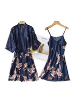 Burgundy Women Faux Silk Kimono Robe Gown Sets Sexy Print Crane Nightdress &Bathrobe Lingerie Nightgown Summer Sleepwear