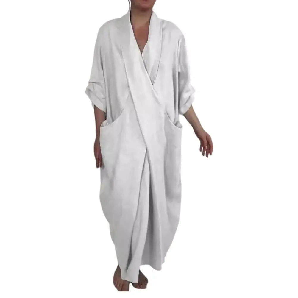 Bohemian Maxi Dress Spring Autumn Maxi Dress Robe Baggy Cross V Neck Large Pocket Retro A-line Casual Party Travel Dress