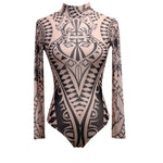 Women Mesh Bodysuits Vintage Ethnic Printed Long Sleeve Leotard Body Top See Through Sexy Club Overalls Shirts
