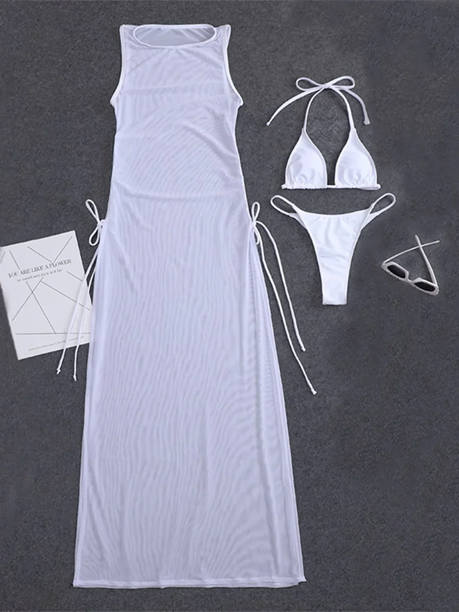 3 Pieces Thong Bikini 2026 Women With Dress String Swimwear Female Solid Swimsuit Beach Wear Bathing Swimming Suit Summer