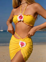 with Mesh Skirt 3D Flowers Halter Bandeau Bikini Women Swimsuit Female Swimwear Three-pieces Bikini Set Bathing Suit Beachwear