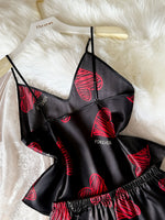 Women Heart Letter Print 2 Piece Pajama Set V Neck Spaghetti Strap Cami Top Elastic Waist Shorts Sweet Fashion Ladies Sleepwear