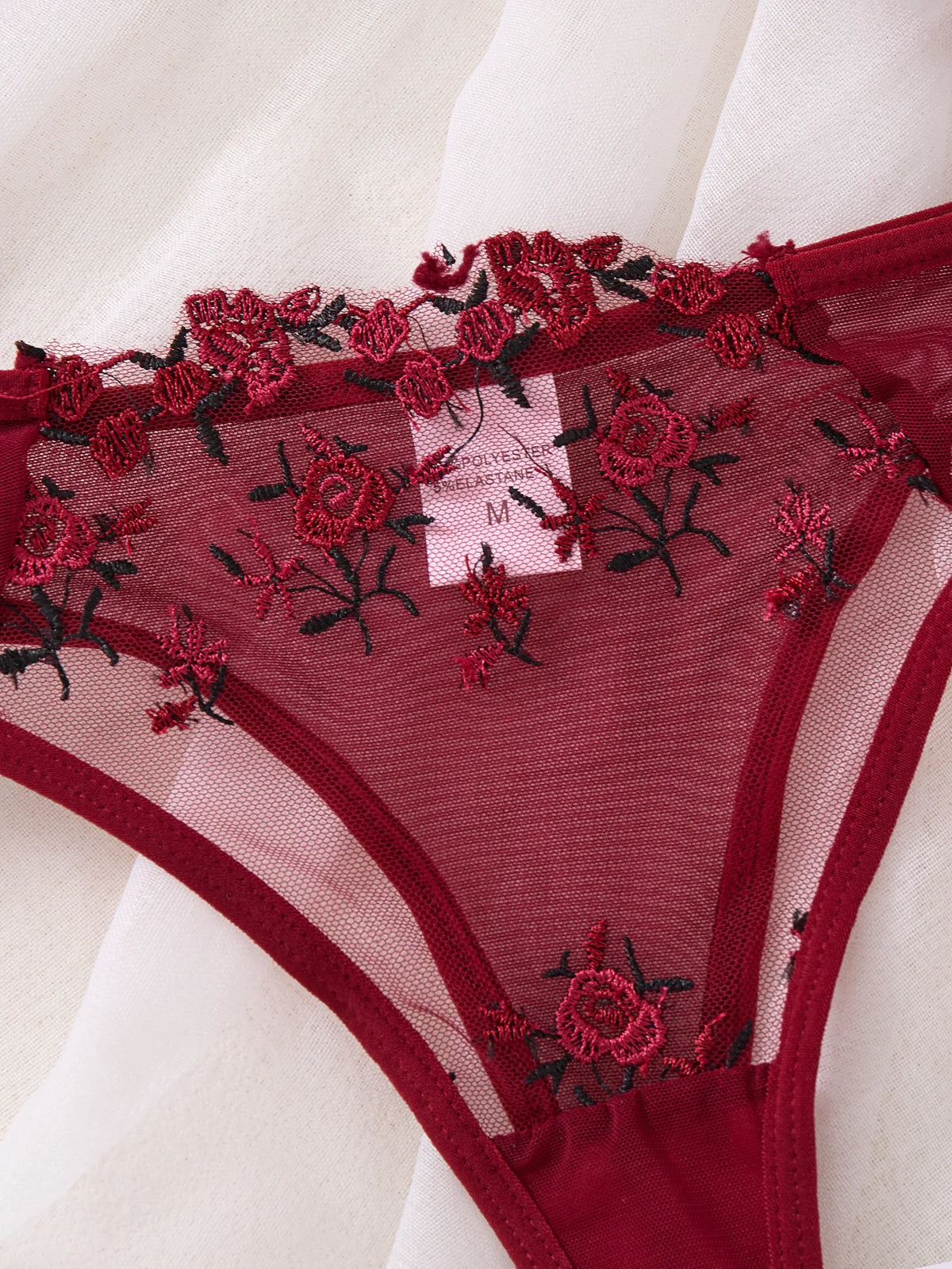 Romantic wine red rose embroidery lingerie set - see-through netting bra - casual erotic women's lingerie ZA824026