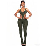 Sexy hot girl solid color see-through slim fit knitted deep V jumpsuit