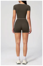 Speed Drying Tight Yoga Sets Women Color Contrast Short Sleeve Slim Sports Top High Waist Leggings Running Fitness Athletic Wear