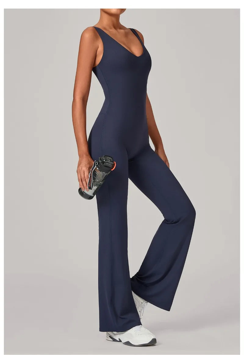 Women's Seamless Yoga Jumpsuits Sports Fitness Sleeveless Hip-lifting Flared One-piece Workout Gym Training Slim Fit Bodysuits