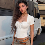 FDYOUI Women's Fashion Lace Patchwork T-shirt Streetwear Ladies Sexy Short Sleeve Bandage Tops Tees Y2K Slim Corset T Shirts