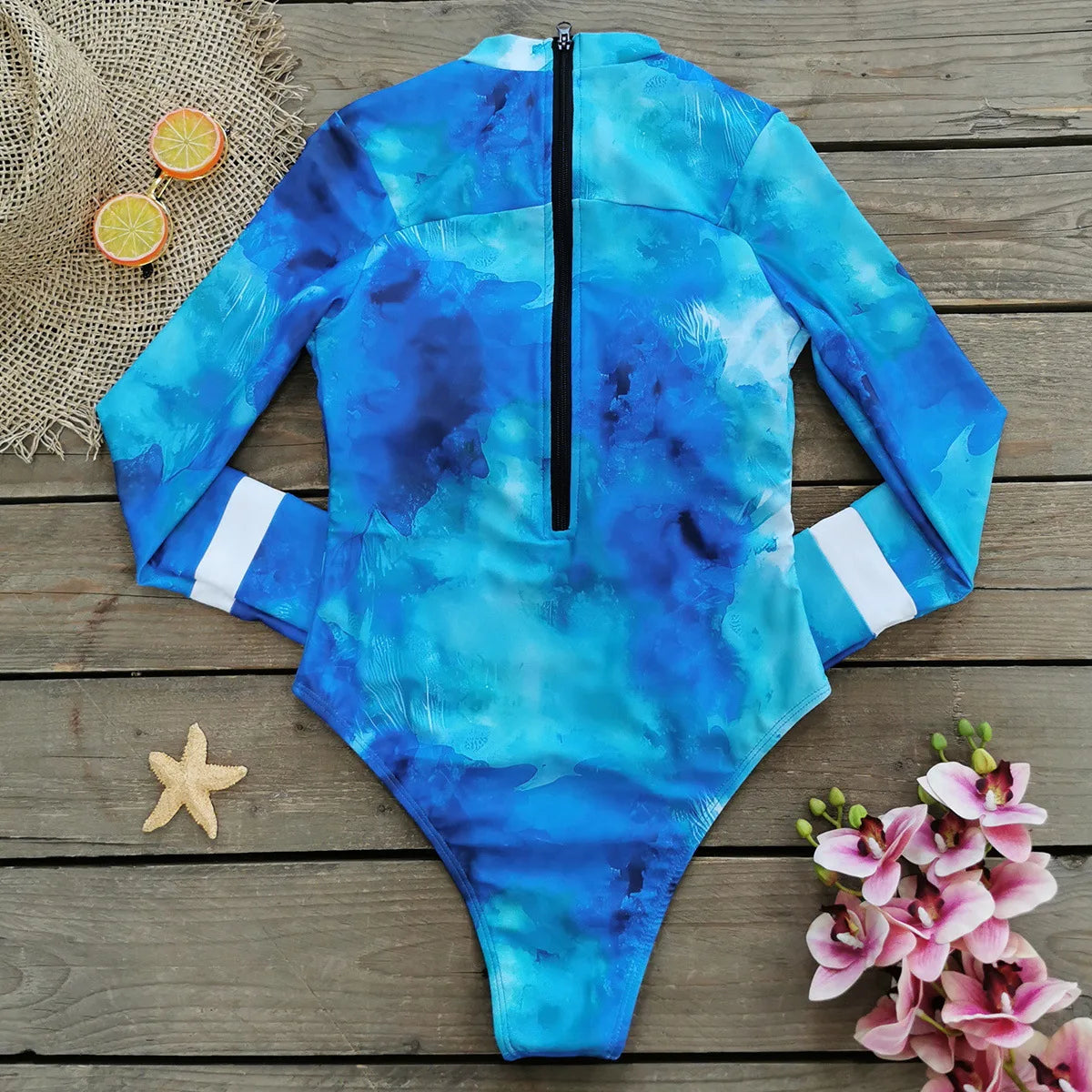2025 Women's Rashguard Long Sleeves One Piece Swimsuit Patchwork Swimwear Zipper Monokini Surf Bathing Suit Sports Bodysuit S-XL