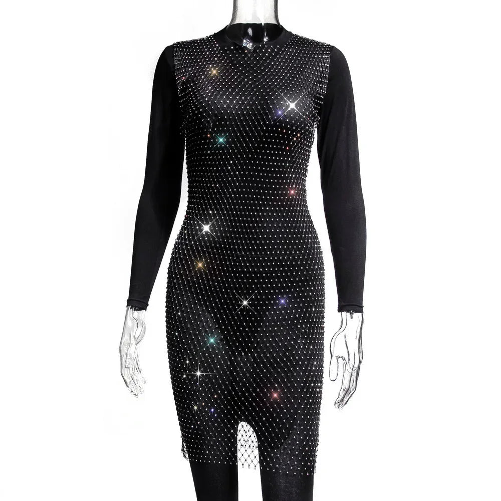XS-2XL 15 Colors Rhinestones Fishnet Dress O-Neck Grid Swimsuit Bikini Cover Up Beach Pool Party Cover-ups for Swimwear Women