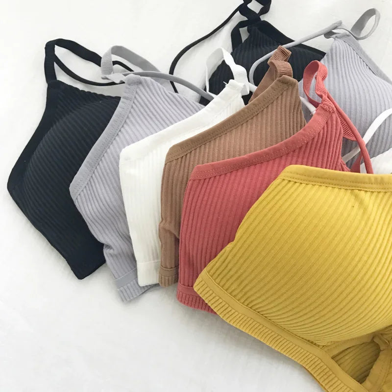 Women Ribbed Knit Bra Front Cutout V Neck Wireless Bralette Fixed Thin Spaghetti Straps Underwear Skin-Friendly Cotton Inner Top