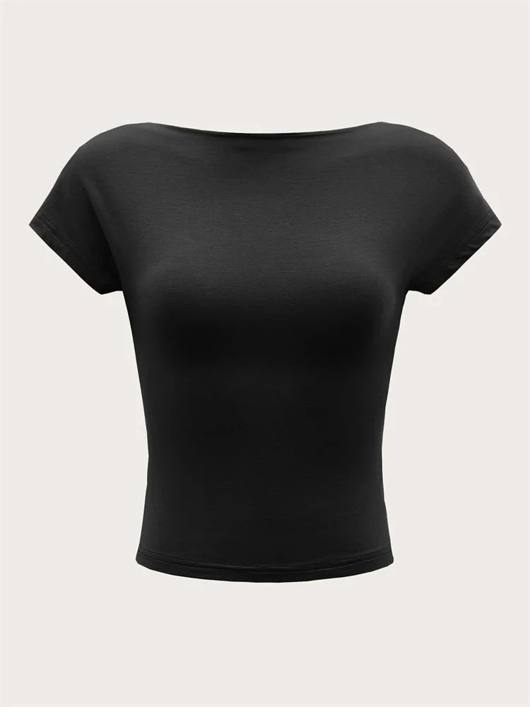 Women's O-neck Backless T-shirt Short Sleeve Solid Color Crop Top Summer Cute Baby Tee Y2K Clothes Bodycon Tunics Fashion Tank
