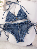 DEKA Brazilian Denim Bathing Suit Women Suits Bikini Set Lace Up Drawstring Beachwear Solid Summer Vintage Two-pieces Swimwear