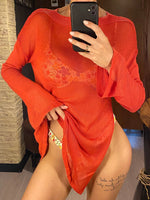 Sexy Long Sleeve See Through TopMesh Sheer Tunic Beach Cover Up Cover-ups Beach Dress Beach Wear Beachwear Female Women V3557