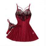 Wine Red Rose Floral Embroidery Mesh Babydoll Lingerie Set Underwire Nightgown With Matching Thong Women Sleepwear ZA825133