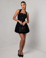 Temperament Elegant Women's Halter Neck Dress Solid Color Braid Fabric Pleated Short Dresses Socialite Commuting Style Vestidos