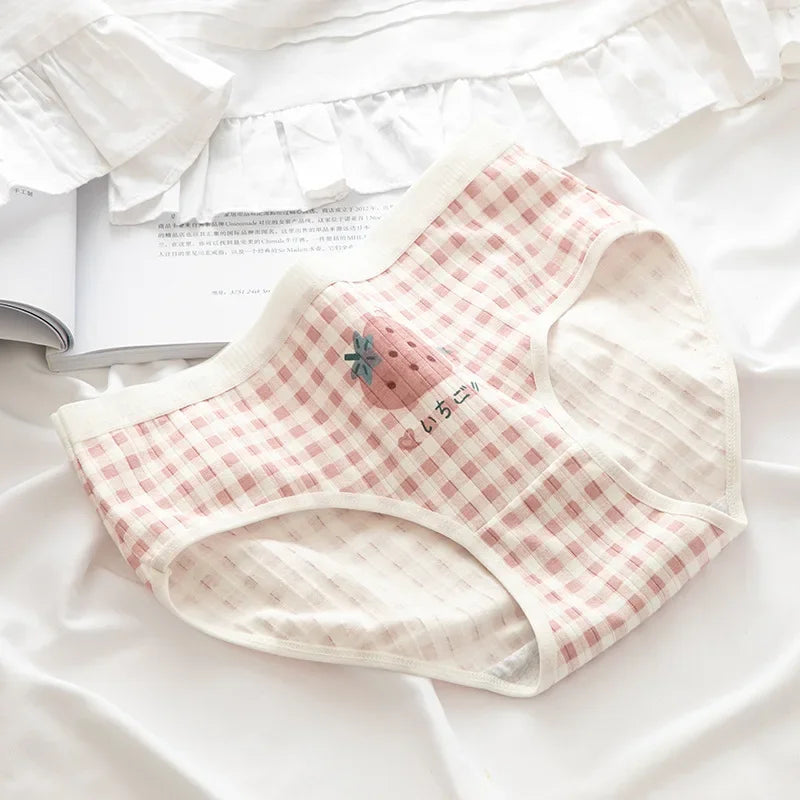 1 Pack Cute Bear & Strawberry Print Cotton Mid-Rise Panties Women's Comfort Underwear M-XL Grid & Striped Print Lingerie