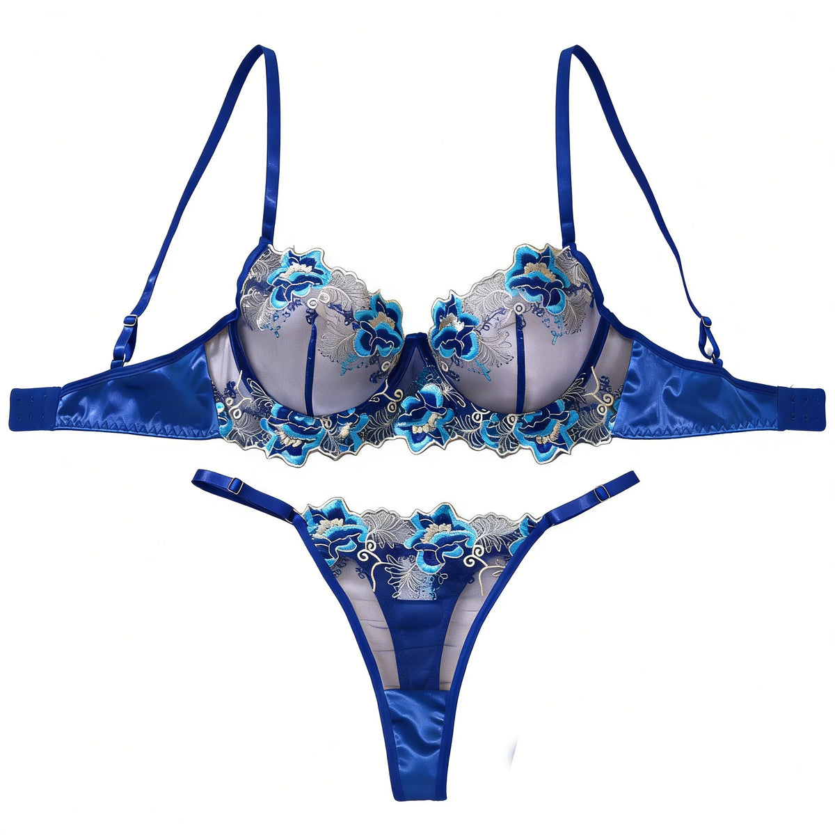 A Set of Sexy Blue Lingerie, Featuring Floral Patterns, Combining Charm and Sexiness ZA825146