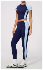 Nake Yoga Set Women's Tracksuit Color Contrast Short Sleeve Slim Sports T Shirts High Waist Leggings Fitness Clothes Gym Outfits
