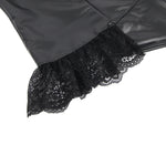 Black Sexy Lingeries Faux Leather Hollow Out Ruffled Lace Zipper Deep V-Neck Jumpsuits Adjustable Straps Elegant Women Bodysuits