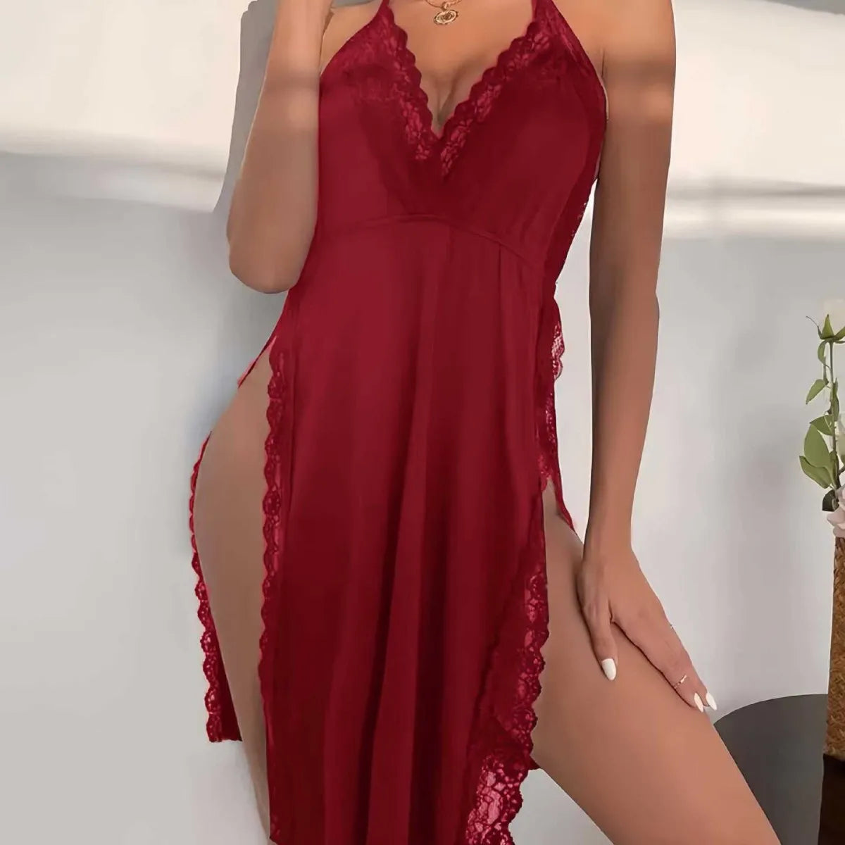 Sexy Leopard Print Backless Nightgown with Lace Trim, Deep V Halter Lingerie Dress for Women, Side Slit Soft Nightwear Sexy Chic