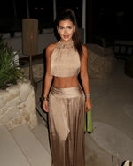 Women's Fashion Casual Satin Top Skirt Set Women Satin Halter Crop Top And High Waist Midi Skirt Two Piece Set Pure Desire TVYO