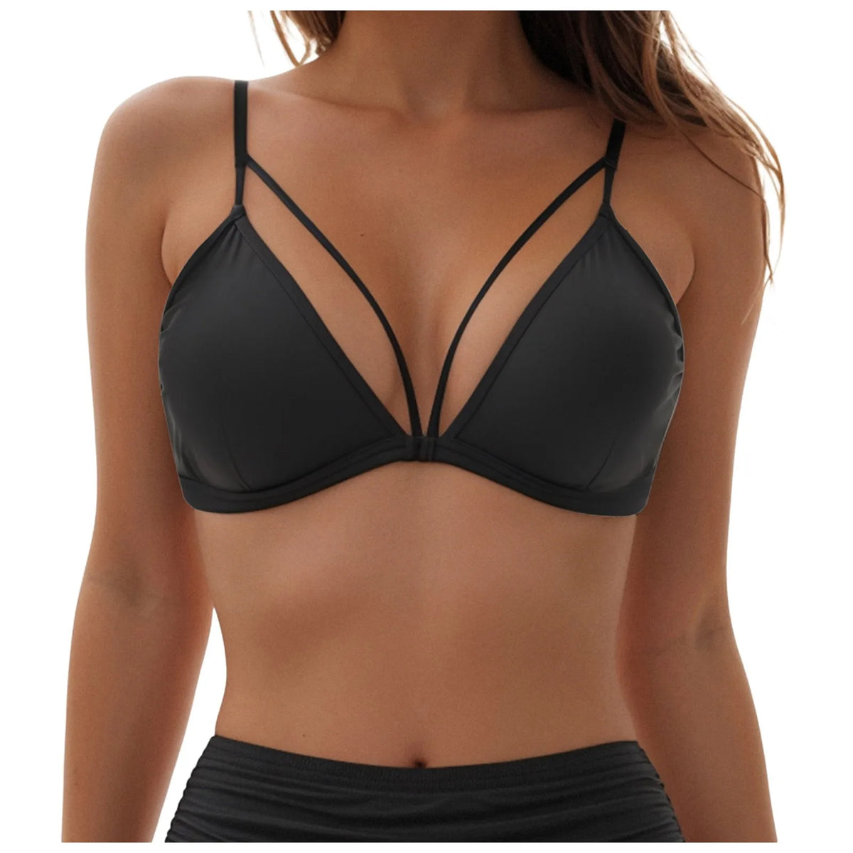 Women's Wire Free V Neck Triangle Bikini Top Black Hollow Out Push Up Bra Sexy Swimsuit Summer Adjustable Straps Bathing Suits