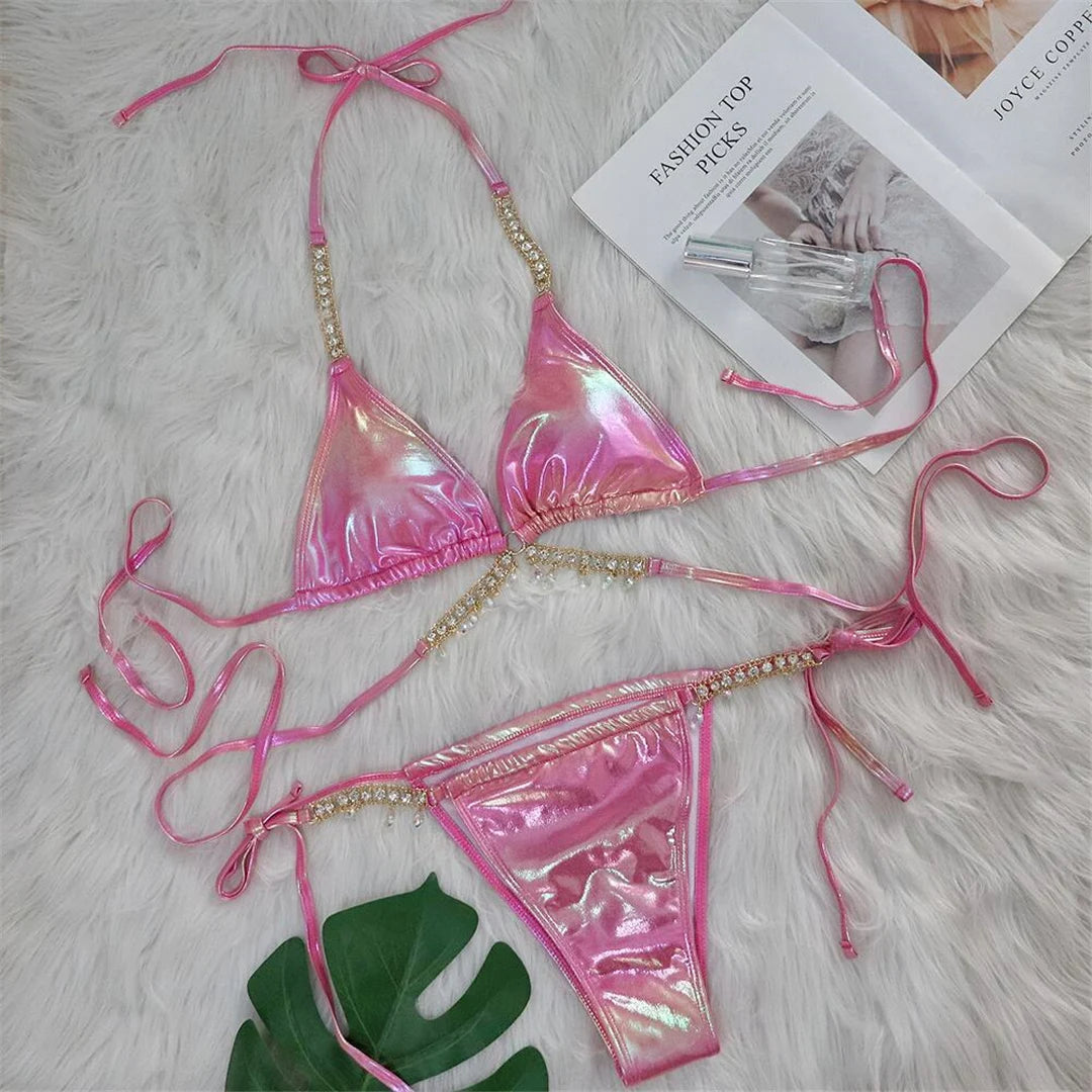 Diamond Rhinestones PU Faux Leather Bikini Female Swimsuit Women Swimwear Two-pieces Bikini Set Bather Bathing Suit Swim V5131