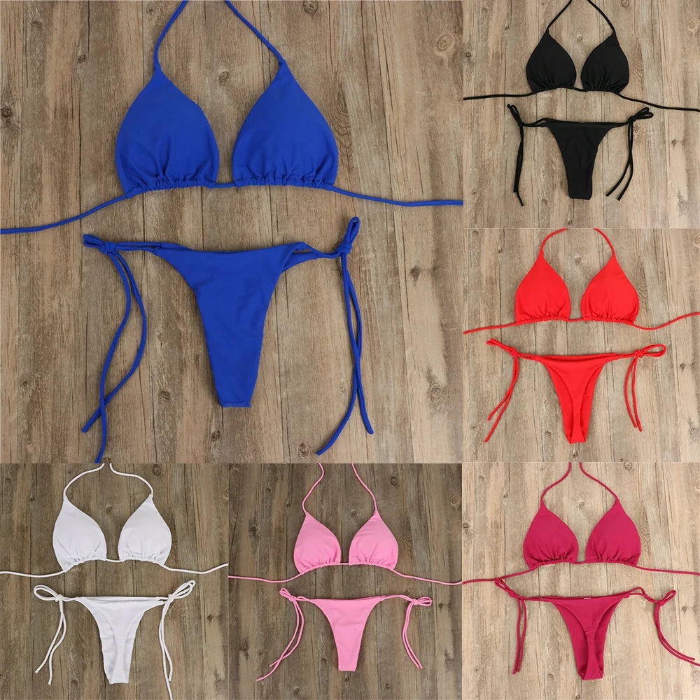 Women Thong Bikini Set Side Tie Sexy Swimsuit Bandage Style Brazilian Swimwear Woman Clothing Red/Blue/Black/White/Wine Red/Pink