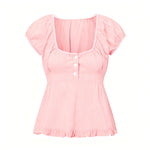Summer Women Short Sleeve T-shirt Solid Color Low-necked Pleated Hem Casual Tops Y2K Retro Shirts
