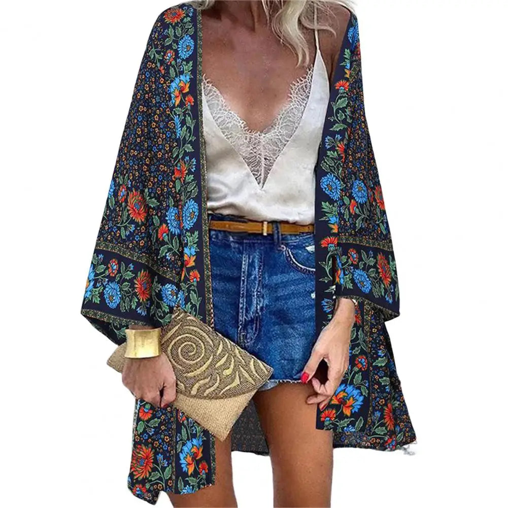 Bohemian Sun Protection Long Blouse Women Cardigan Floral Print Batwing Sleeve Summer Cardigan for Daily Wear