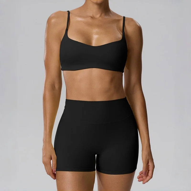 STOUREG Women 2 Piece Yoga Workout Set Adjustable Strap Twist Back Sports Bra Peach Hip Yoga Shorts Fitness Gym Outfit