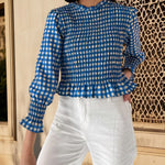Women Fashionable Casual Round Neck Smocked Bubble 3/4 Sleeve Tops Summer Fall Plaid Print Ruffled T-shirts