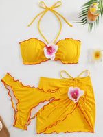 with Mesh Skirt 3D Flowers Halter Bandeau Bikini Women Swimsuit Female Swimwear Three-pieces Bikini Set Bathing Suit Beachwear