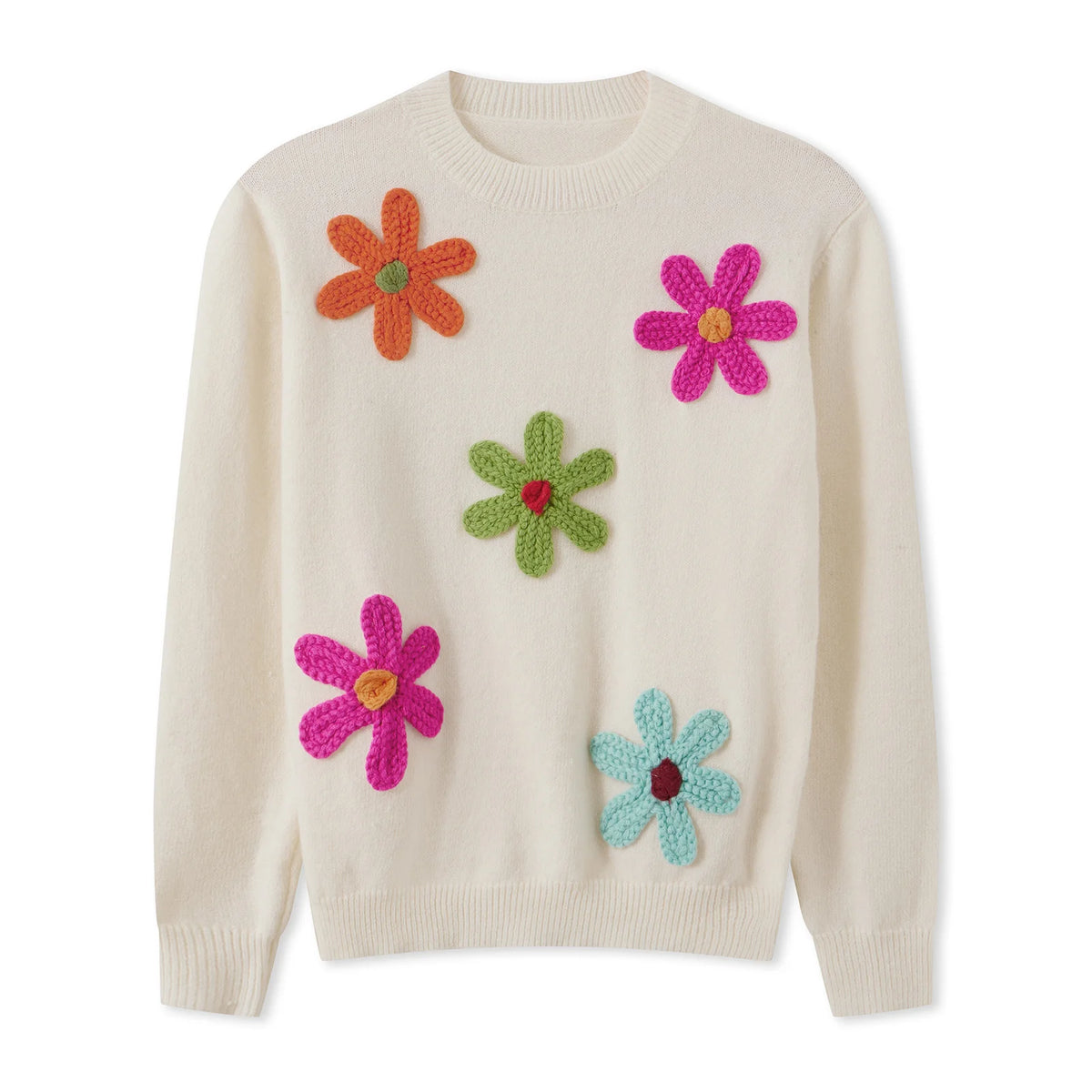 Women Knitted Flower Sweater Casual Crew Neck Long Sleeve Pullover Tops Cute Winter Fall Loose Knitwear